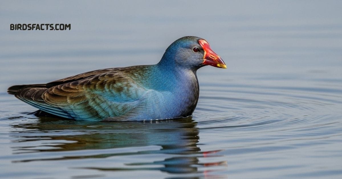 American Purple Gallinule With Bright Purple Plumage, Red And Yellow Beak, Walking On Lily Pads