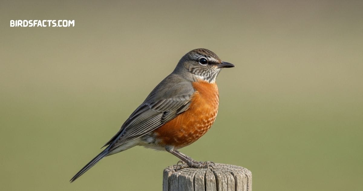 “An American Robin with a bright orange-red breast and grayish-brown back perched on a branch.”