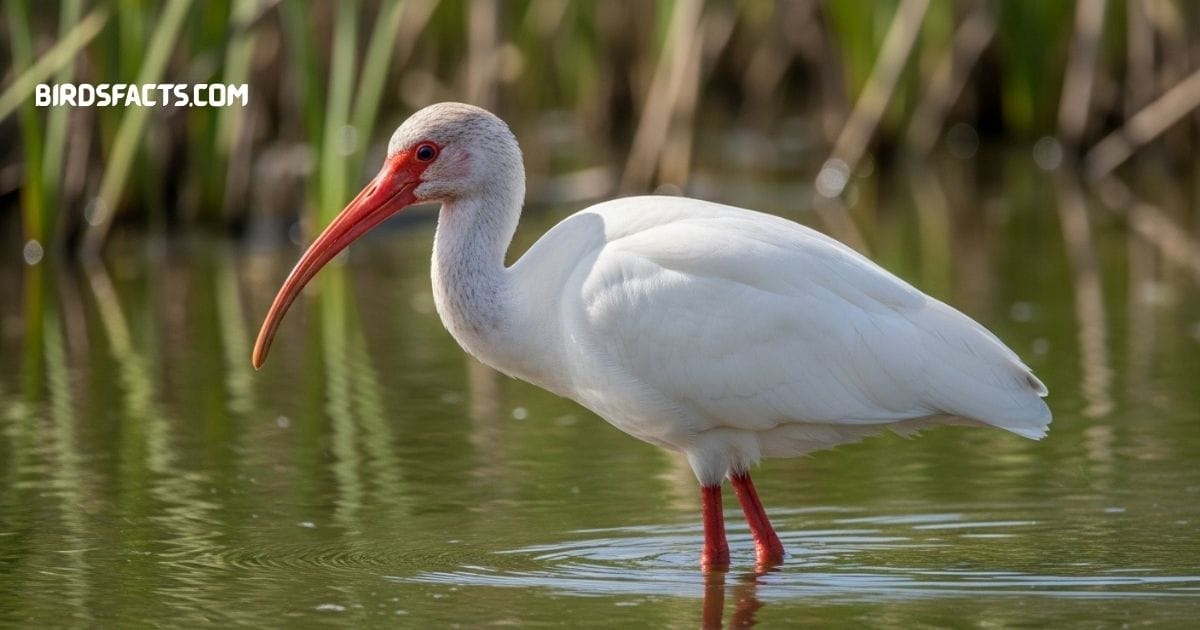Merican White Ibis With Long Curved Orange Beak And White Body Wading In Shallow Water