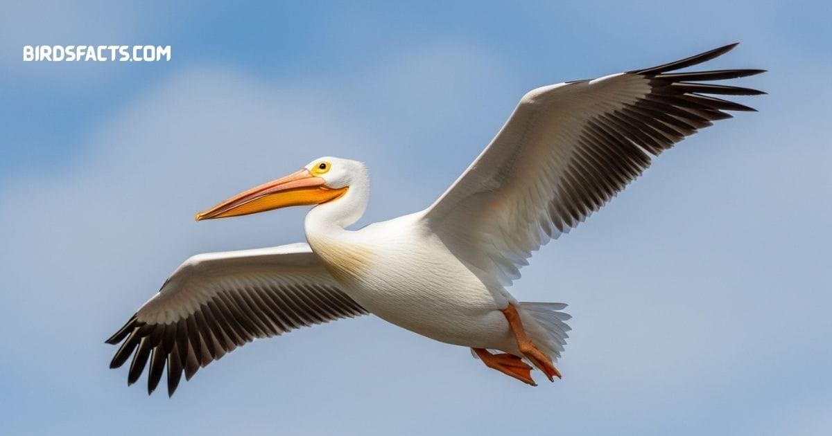 An American White Pelican with bright white plumage and a large orange bill floating on the water.”