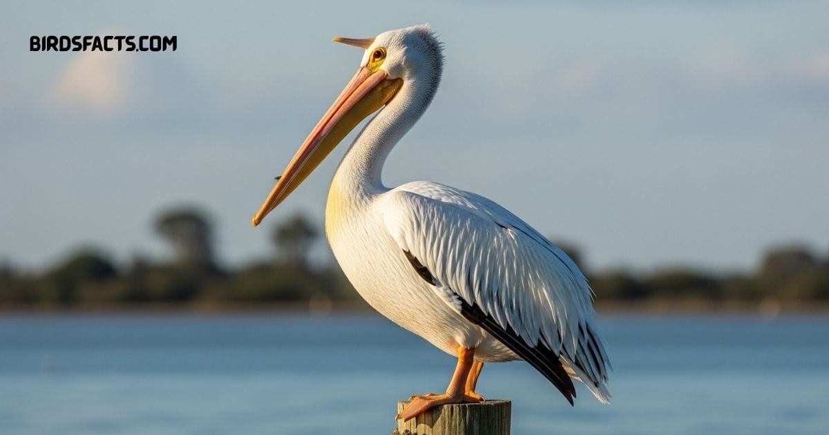 American White Pelican With Large Orange Beak And White Feathers Near Water