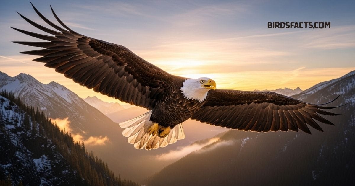 “A Bald Eagle with a white head and tail and dark brown body perched on a tree branch.”