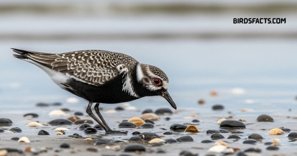 Black-bellied Plover With Black Belly, White Markings, And Short Beak Standing On Sandy Shore