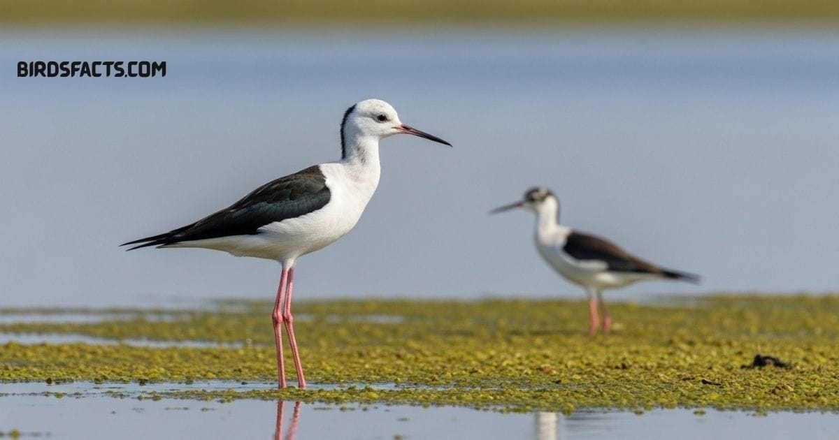 Black-necked Stilt With Long Thin Legs, Slender Black Beak, And Black-and-white Body Wading In Shallow Water