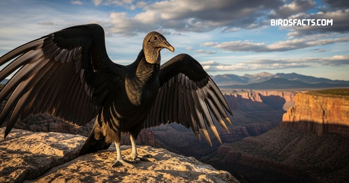 A Black Vulture with dark feathers and a wrinkled gray head standing on the ground
