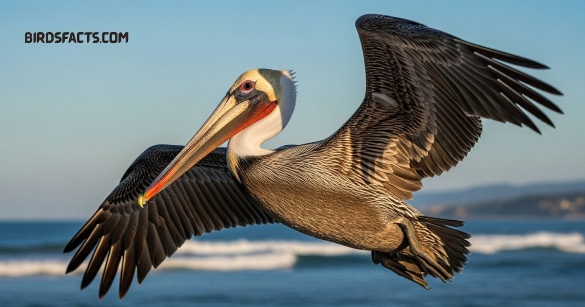 A Brown Pelican with a long bill and brown-gray plumage perched near the water.