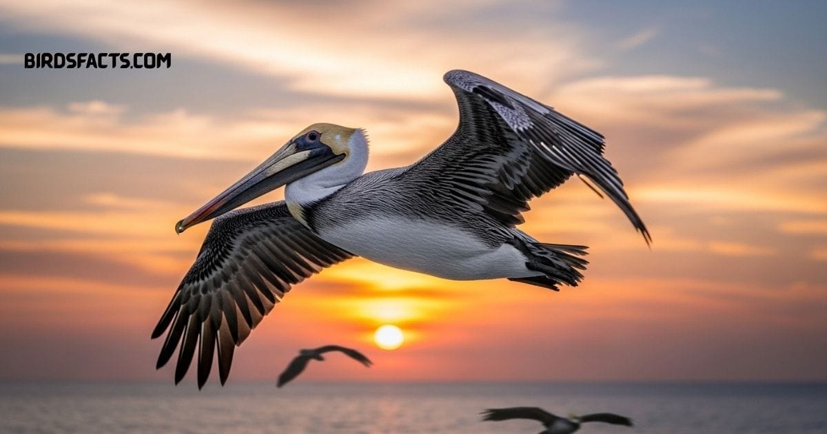 Brown Pelican With Long Pouch Beak And Brown-gray Feathers Gliding Over Coastal Waters