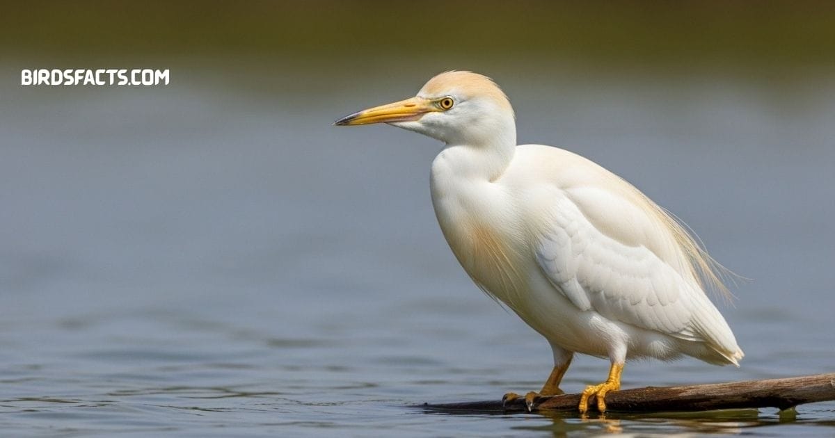 Cattle Egret With White Feathers, Short Yellow Beak, And Orange Breeding Plumes Standing In Grassland
