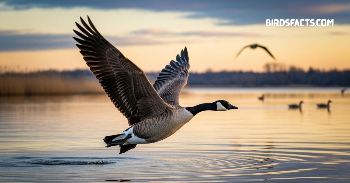 A Canada Goose with a black head, white cheek patch, and brown body swimming in a pond
