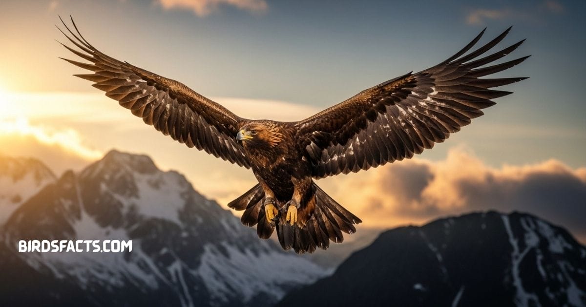 A Golden Eagle with dark brown feathers and golden plumage on its head soaring in the sky.”