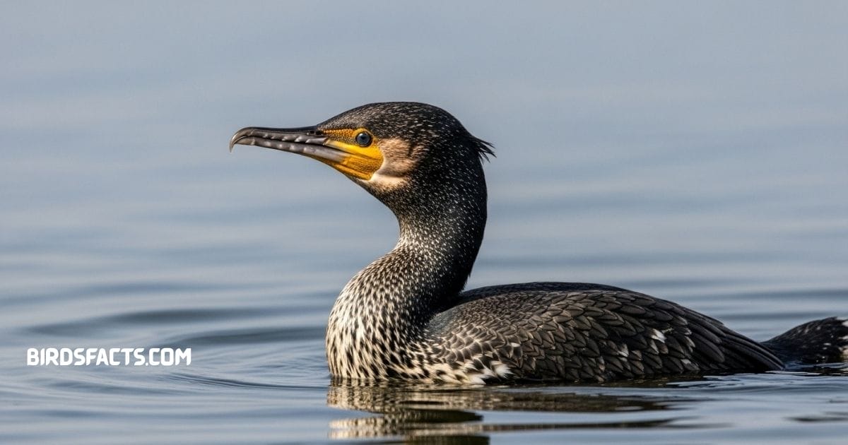 “A Great Cormorant with dark plumage and a hooked yellow bill perched near the water.