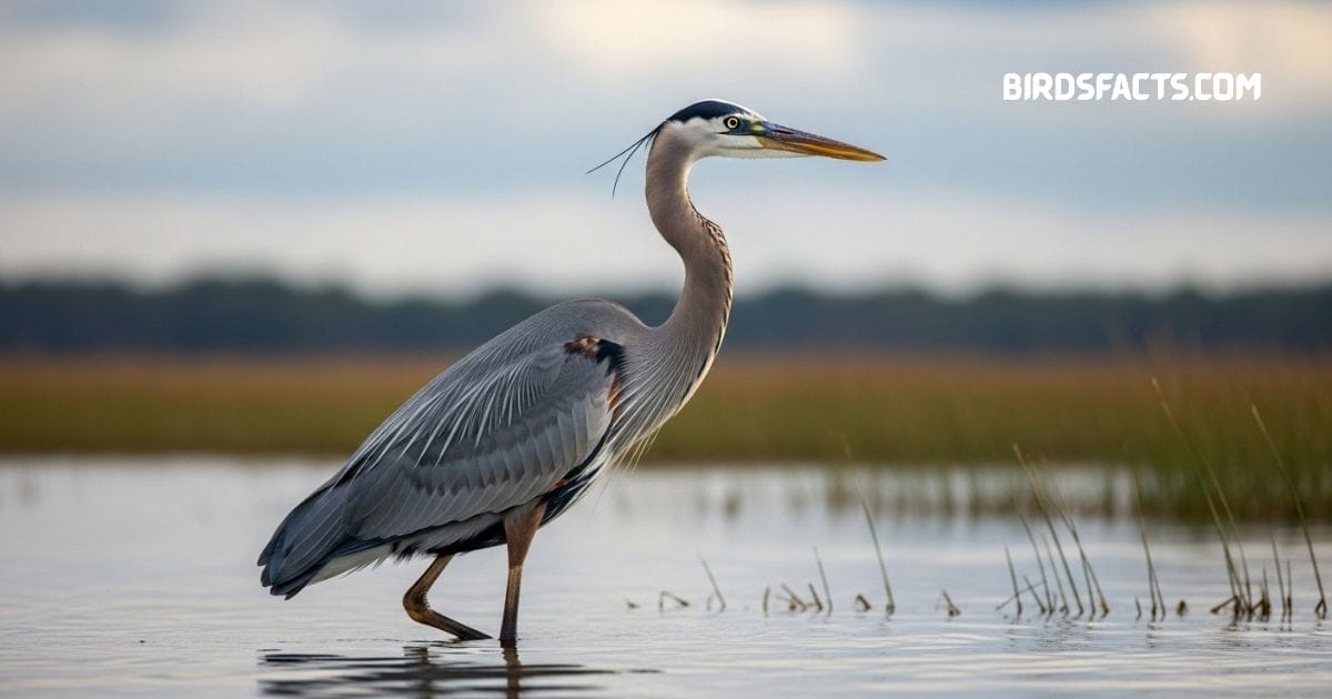 A Great Blue Heron with long legs and gray-blue feathers standing in shallow water.”