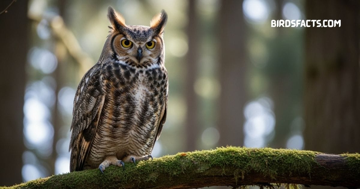 A Great Horned Owl with tufted ear feathers and piercing yellow eyes perched on a tree branch at