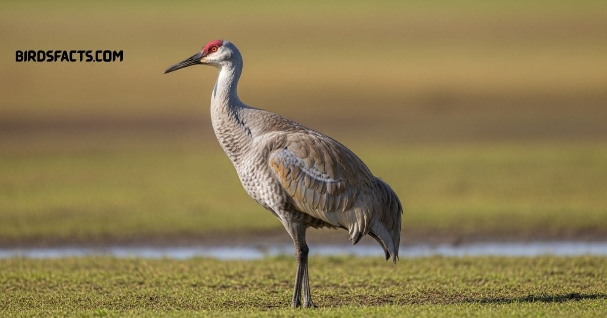 Florida Sandhill Crane with long legs, gray feathers, and red crown foraging in wetlands