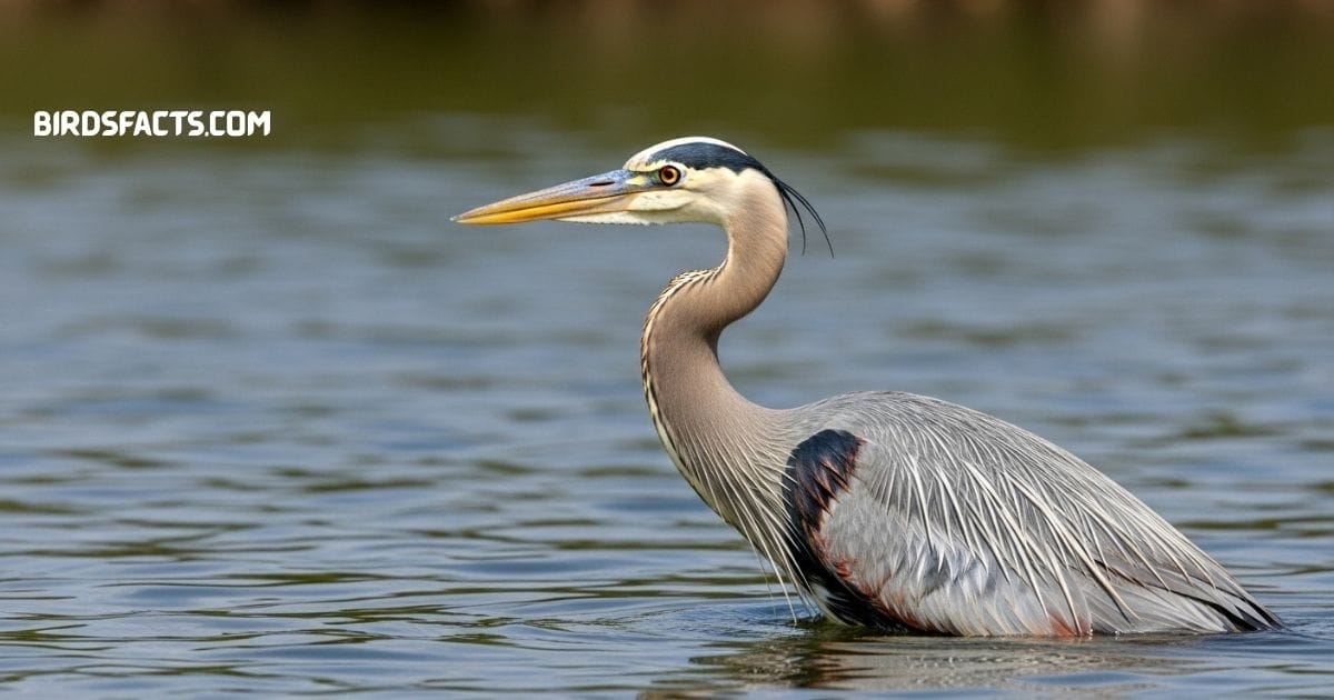 Great Blue Heron With Long Neck, Sharp Yellow Beak, And Blue-gray Feathers Standing In Shallow Water