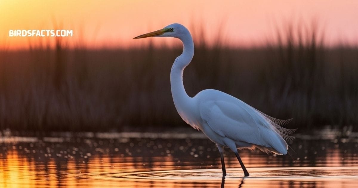 Great Egret With Long Slender Neck, Sharp Yellow Beak, And White Plumage Standing In Wetlands