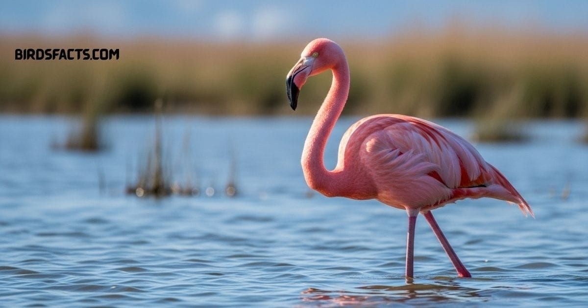 Greater Flamingo With Pale Pink Feathers, Long Neck, And Downward Curved Beak Wading In Shallow Water