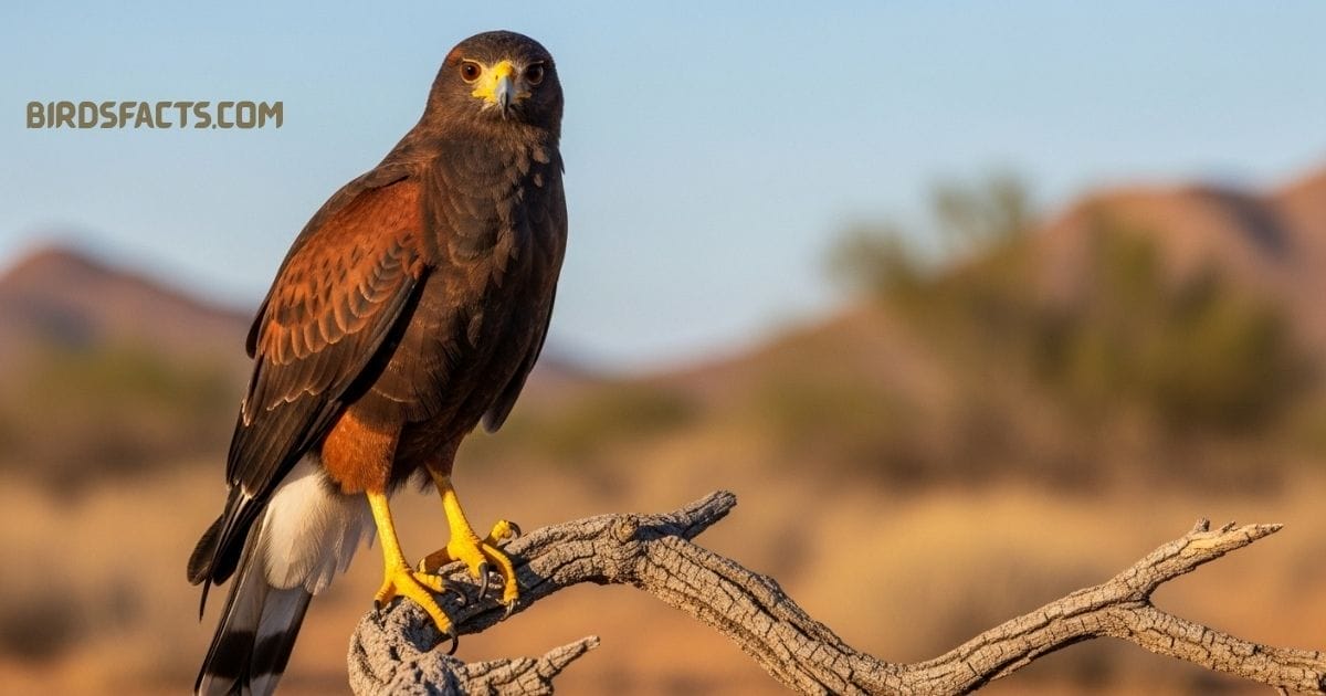A Harris’s Hawk with dark brown feathers, chestnut shoulders, and a white-tipped tail perched on a branch.