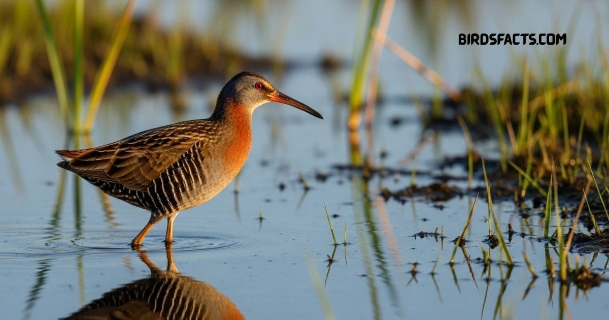 King Rail With Long Slightly Curved Beak, Brown Streaked Plumage, And Long Legs Walking In Marsh Grass