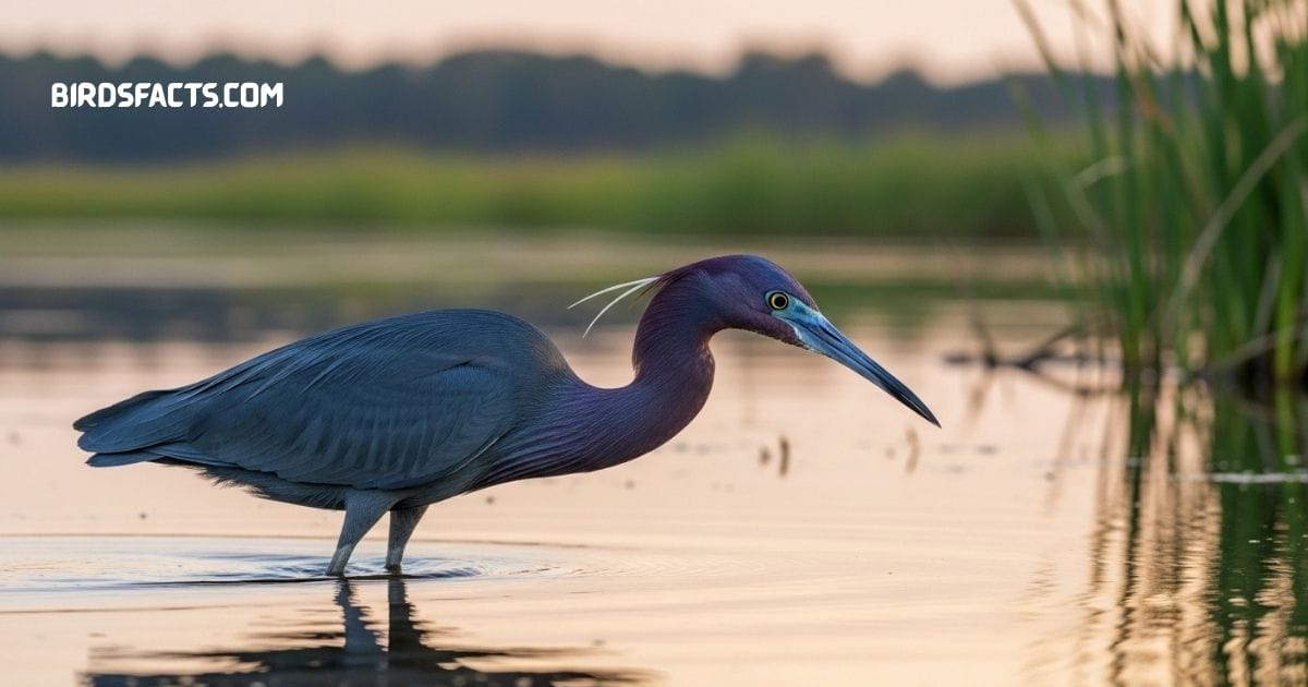 Little Blue Heron With Slender Dark Blue Body, Long Neck, And Pointed Beak Wading In Shallow Water