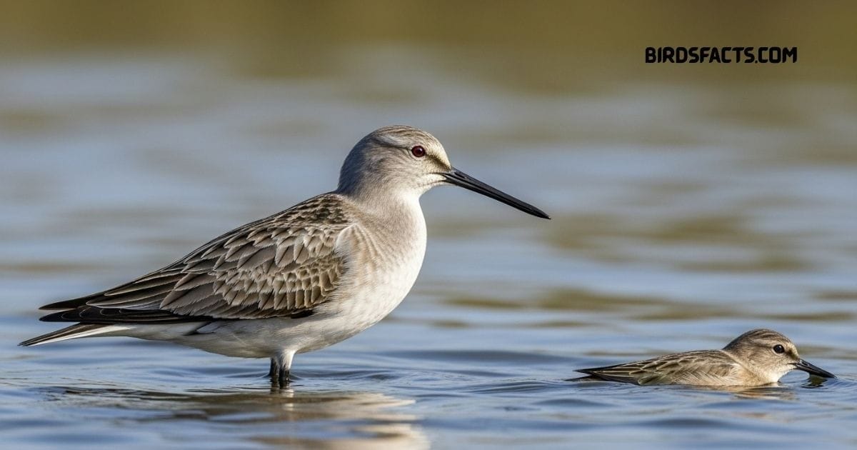 Long-billed Dowitcher With Mottled Brown Plumage And Very Long Straight Beak Probing Mudflats For Food