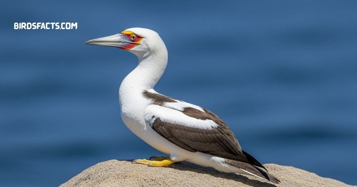 Masked Booby With White Body, Black-tipped Wings, And Yellow Beak Featuring A Dark Facial Mask Perched By The Sea