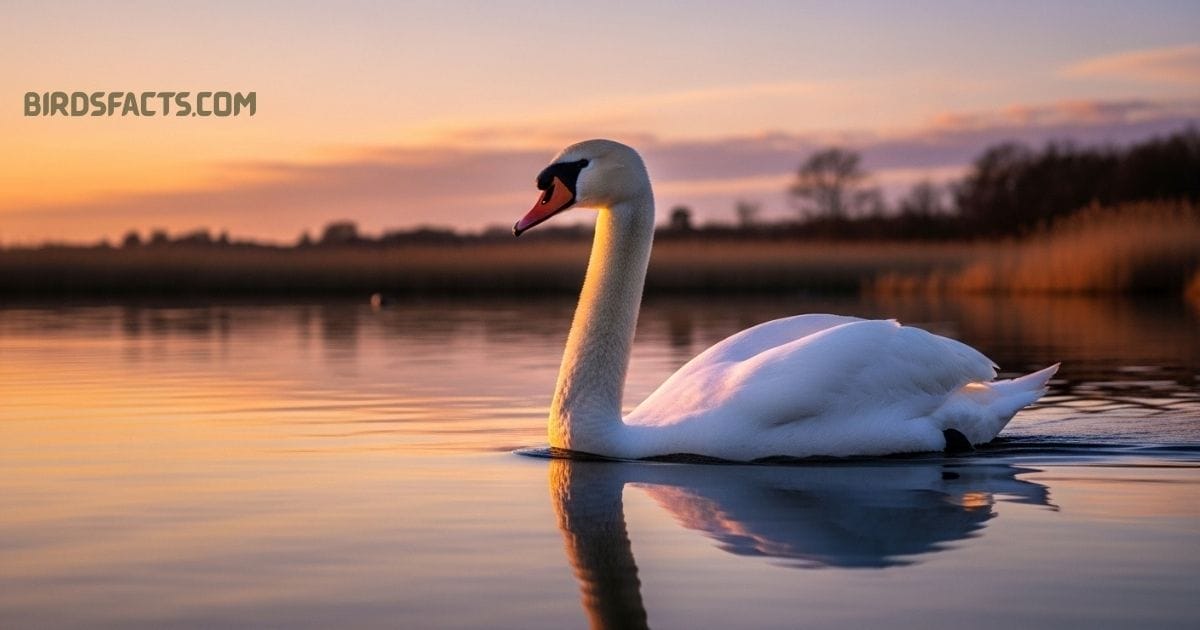 A Mute Swan with a graceful white body and an orange bill gliding across the water.