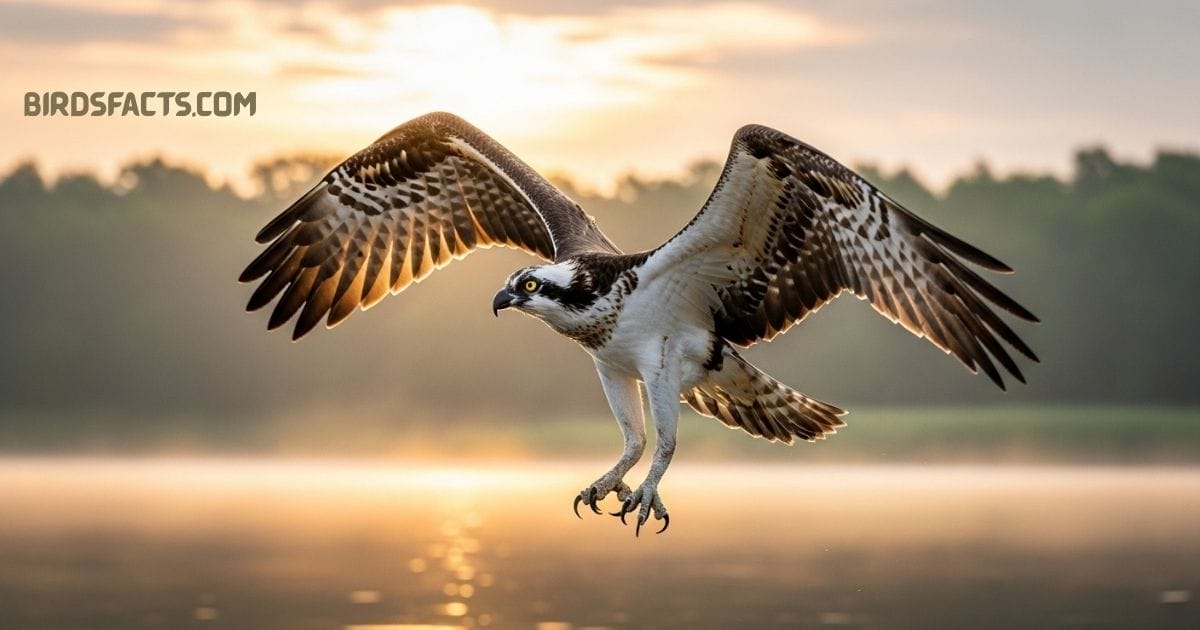 “An Osprey with brown wings and a white underside carrying a fish in its talons while flying.”