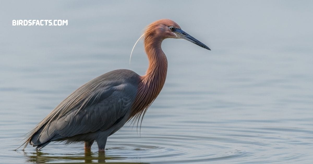 Reddish Egret With Shaggy Reddish Feathers, Slender Gray Body, And Pointed Beak Hunting In Shallow Water