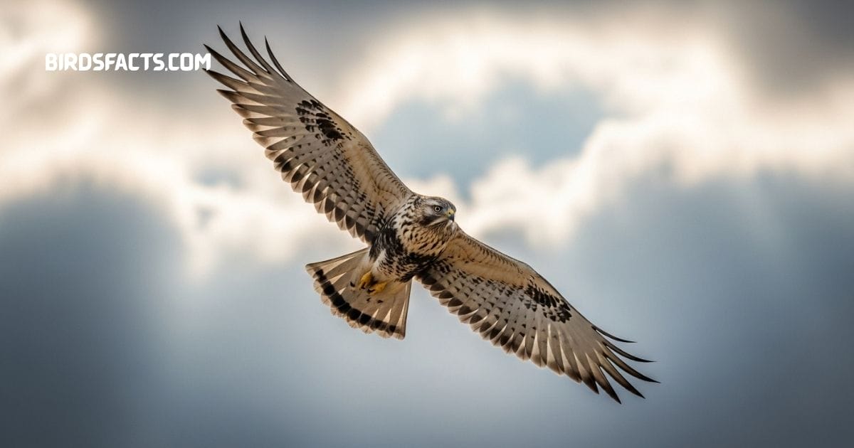 A Rough-legged Hawk with feathered legs and mottled brown and white plumage soaring in the sky.”