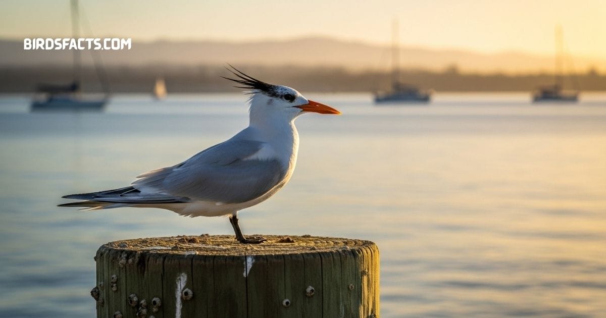 Royal Tern With Sleek White Body, Black Crest, And Long Orange Beak Standing Along The Shoreline