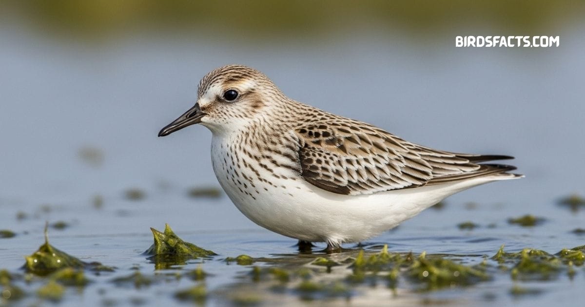 Sanderling With Pale Gray Plumage, Short Black Beak, And Quick Legs Running Along Sandy Shoreline