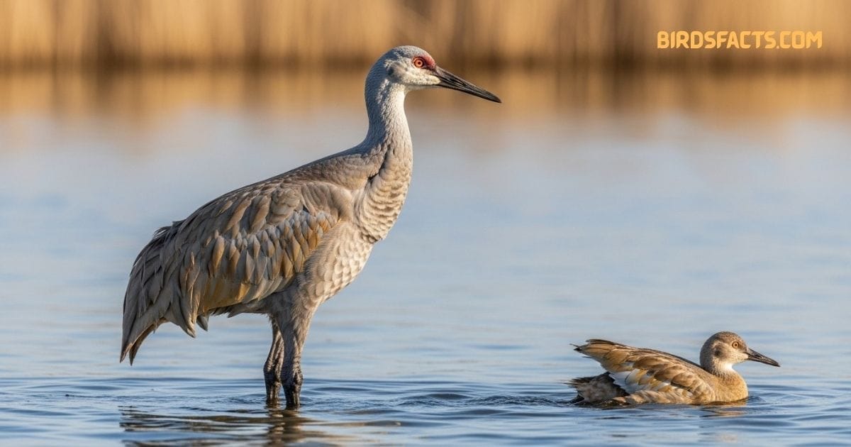 A Sandhill Crane with tall gray body, long legs, and a red crown walking through a wetland.