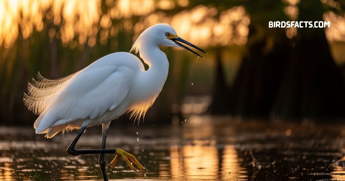 Snowy Egret With Slender Black Beak, White Plumage, And Yellow Feet Standing In Shallow Wetlands