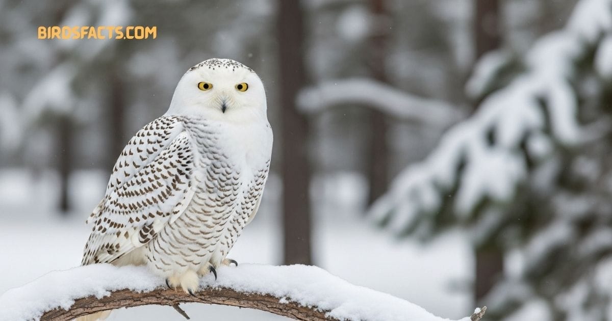 “A Snowy Owl with bright white plumage and yellow eyes perched on a snowy field.”