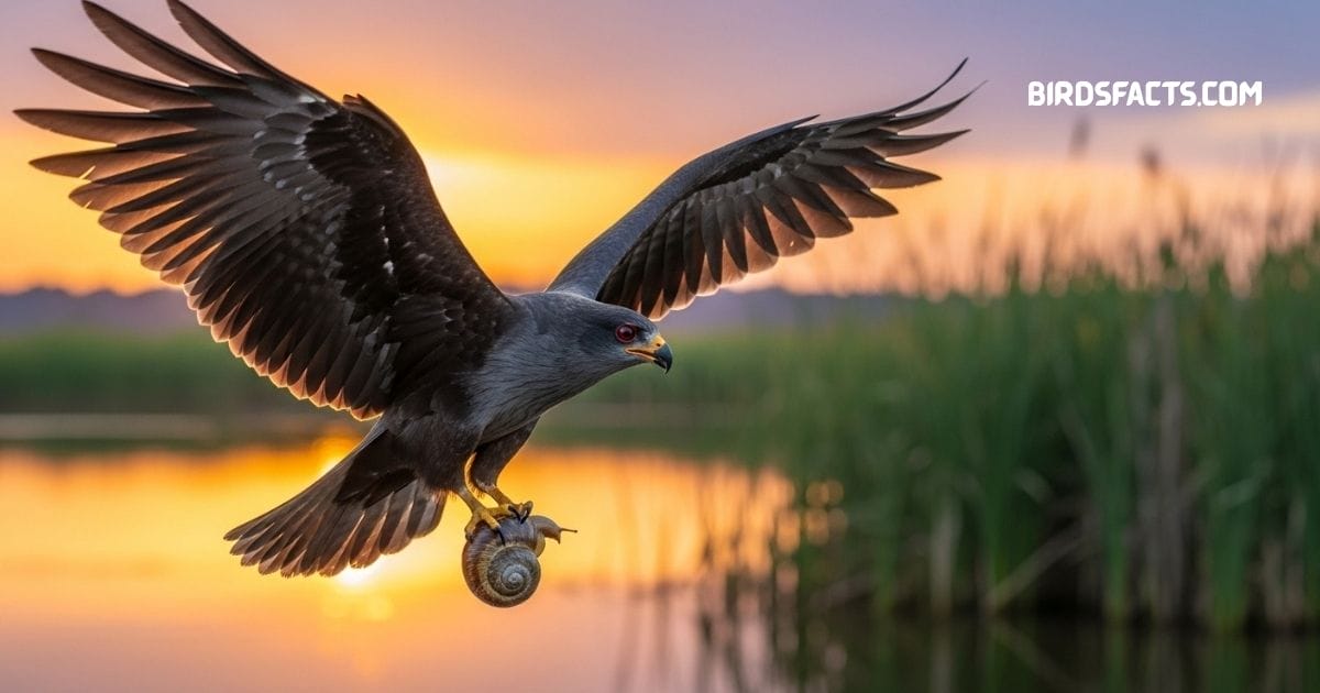 Snail Kite With Dark Plumage, Hooked Beak, And Broad Wings Soaring Over Freshwater Wetlands