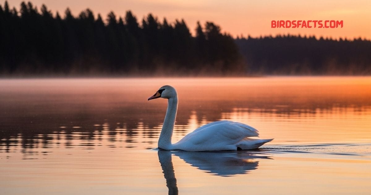 “A Trumpeter Swan with a large white body and a black bill gracefully swimming in a lake.”
