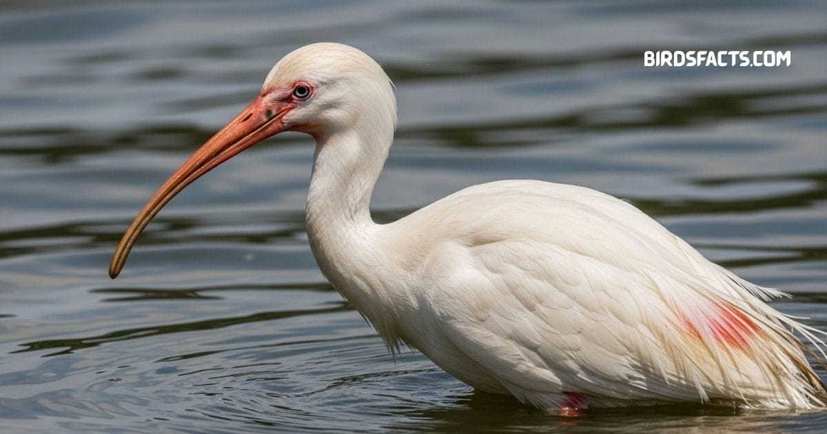 White Ibis With White Body, Long Curved Orange Beak, And Pink Legs Foraging In Shallow Wetlands