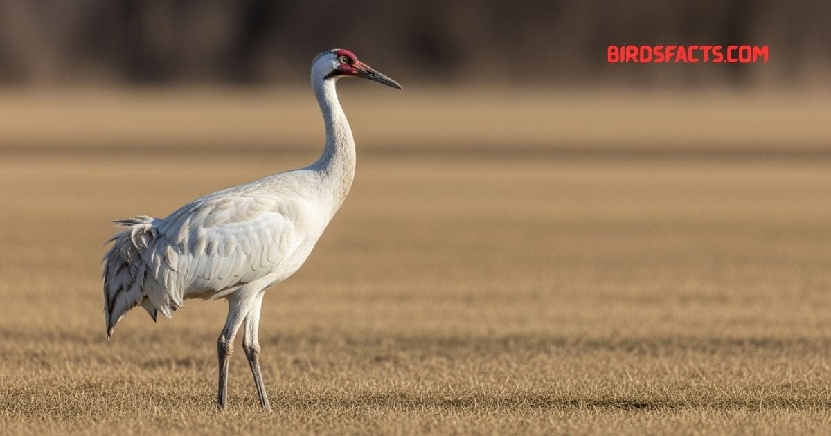 A Whooping Crane with tall white body, black wingtips, and a red crown standing in a wetland.