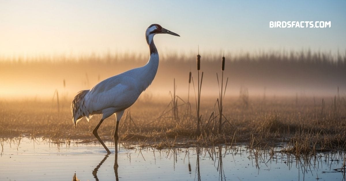 Whooping Crane With Tall White Body, Long Slender Neck, Red Crown, And Pointed Beak Standing In Marshland