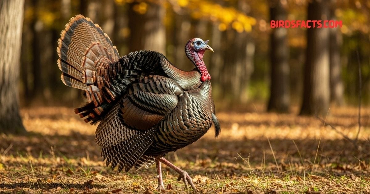 A Wild Turkey with dark iridescent feathers and a fan-shaped tail walking through a field.”