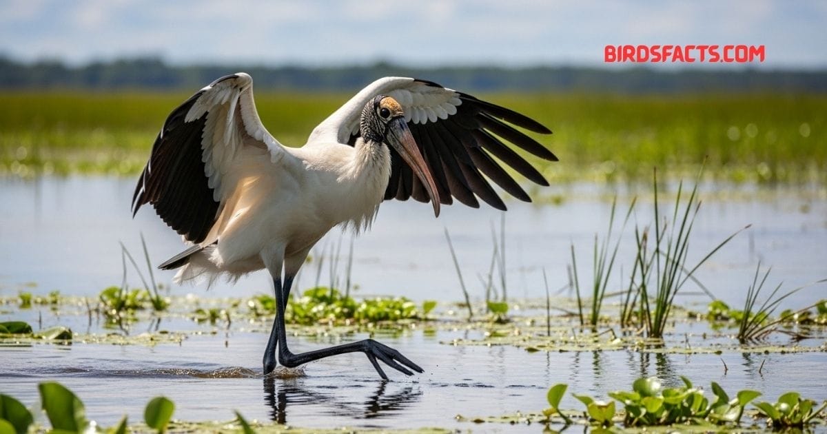 “A Wood Stork with white body, long legs, and a dark featherless head wading in shallow water.”