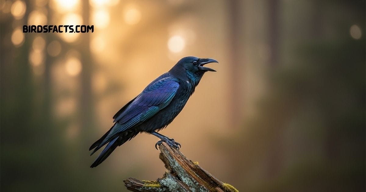 American Crow with glossy black plumage perched on a tree branch
