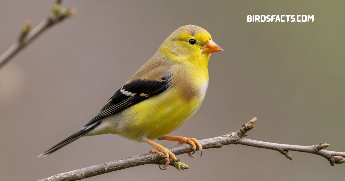 American Goldfinch with bright yellow body and black wings perched on a branch