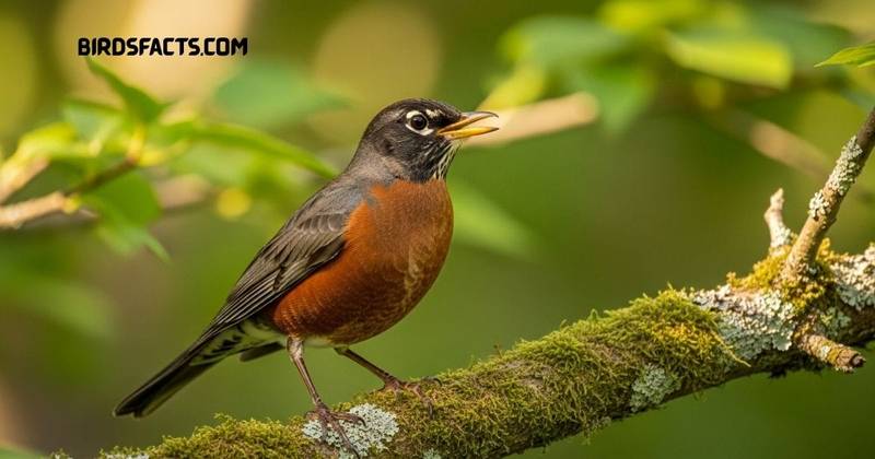 American Robin with rusty red breast and dark head perched on a branch