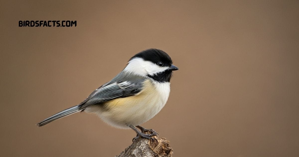 Black-capped Chickadee with black cap and white cheeks perched on a branch