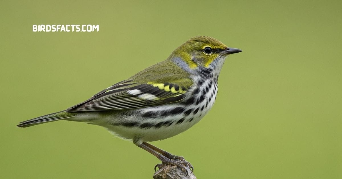 Black-throated Green Warbler with yellow face and black throat perched on a branch
