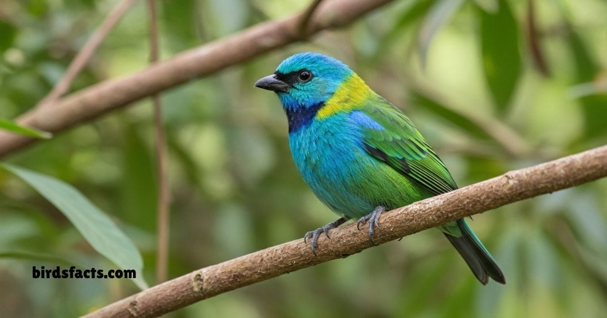 Blue And Green Tanager Perched On Branch Showing Bright Blue Green Plumage.