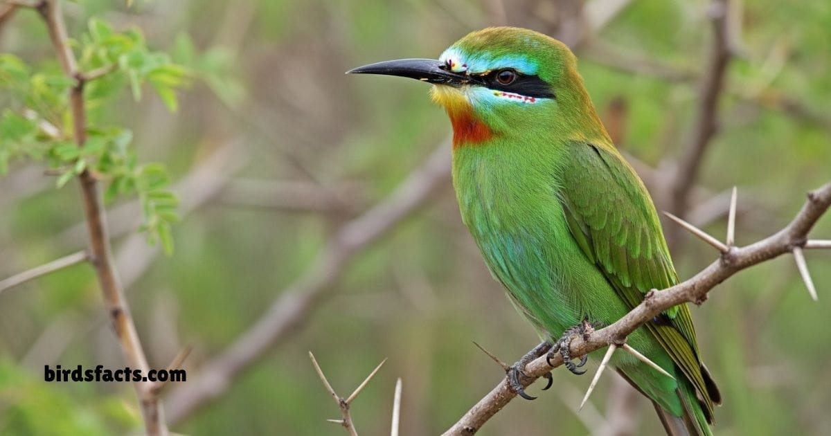 Blue Cheeked Bee Eater Perched On Branch Showing Green Body And Blue Cheeks.