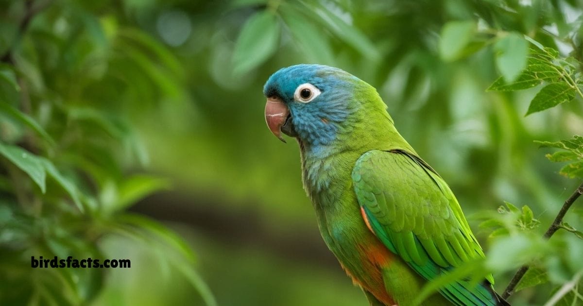Blue Crowned Conure Perched On Branch Showing Green Body And Blue Head.